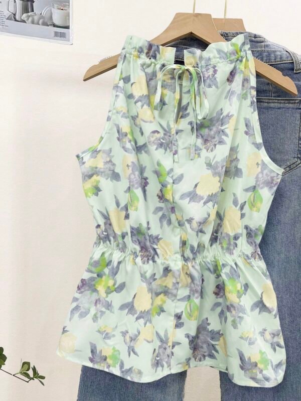 Blusa sin mangas de mujer con estampado floral y volante - Imagen 2