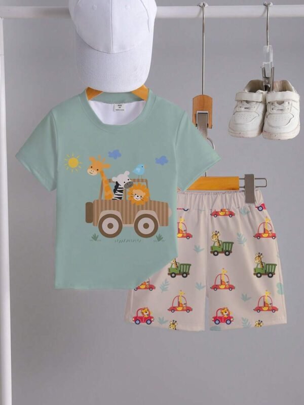 Camiseta y Pantalones Cortos Casuales con Estampado de Coches y Animales - Imagen 3