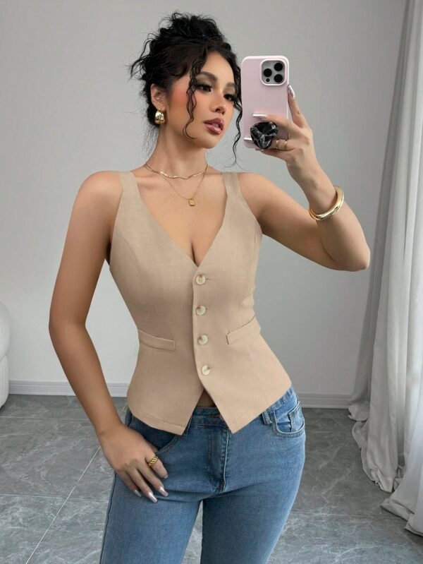 Blusa tipo camiseta de mujer de color liso, abotonado,