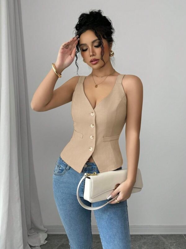 Blusa tipo camiseta de mujer de color liso, abotonado, - Imagen 3