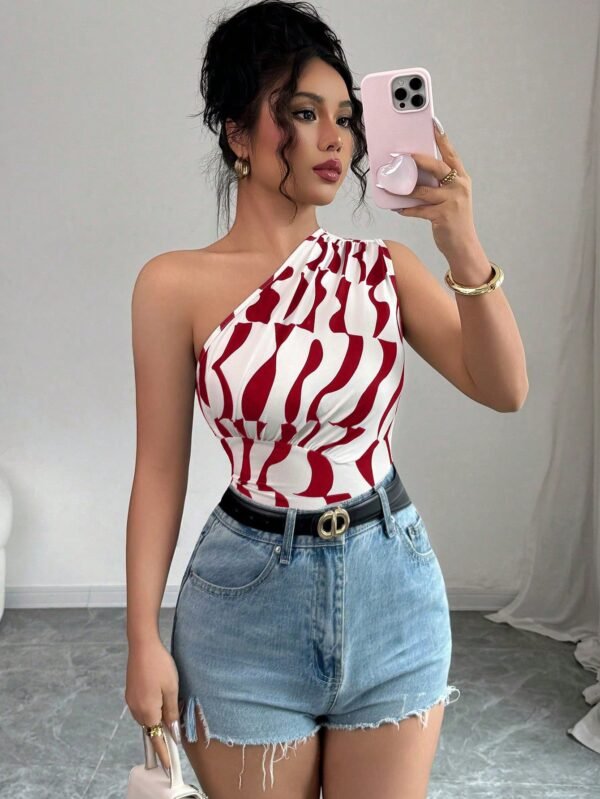 Blusa asimétrica de verano para mujer, con plisados y estampado geométrico