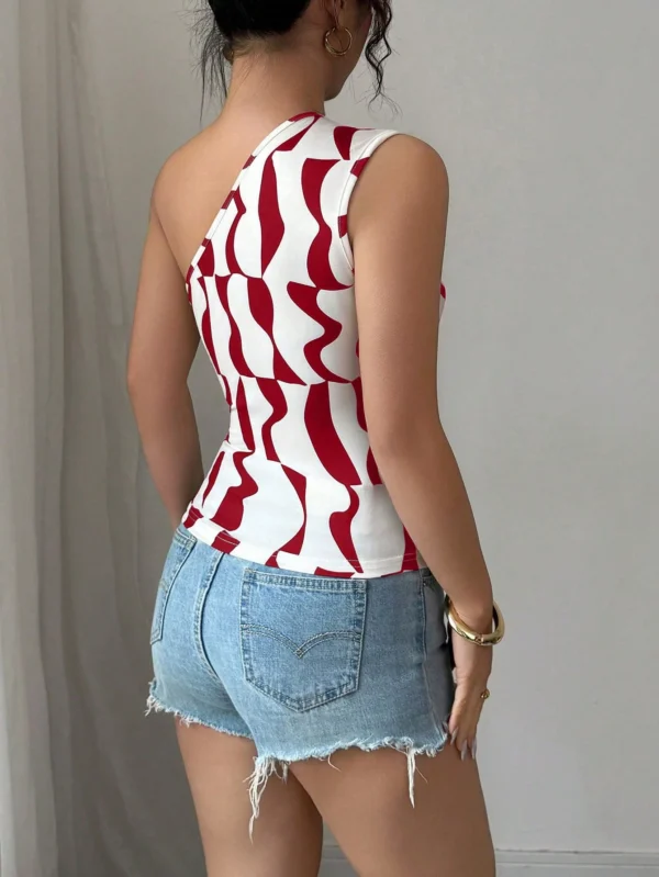 Blusa asimétrica de verano para mujer, con plisados y estampado geométrico - Imagen 2