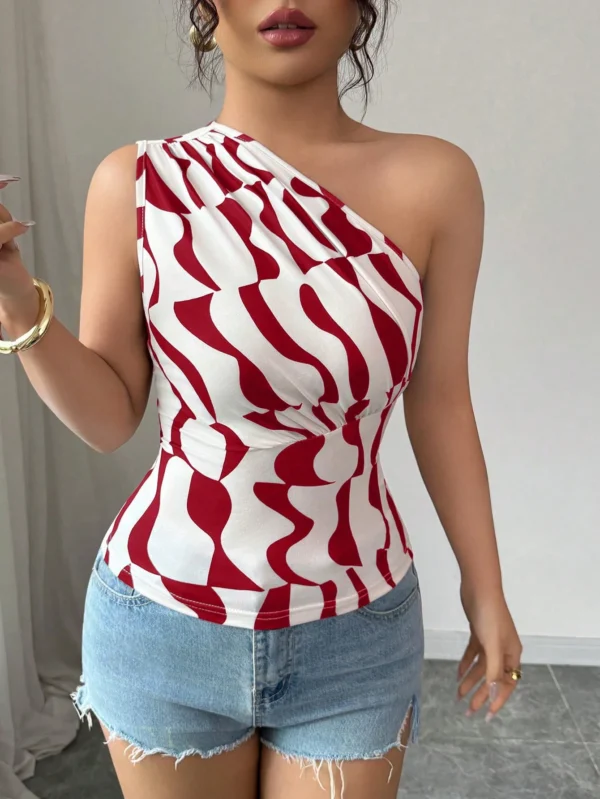 Blusa asimétrica de verano para mujer, con plisados y estampado geométrico - Imagen 3