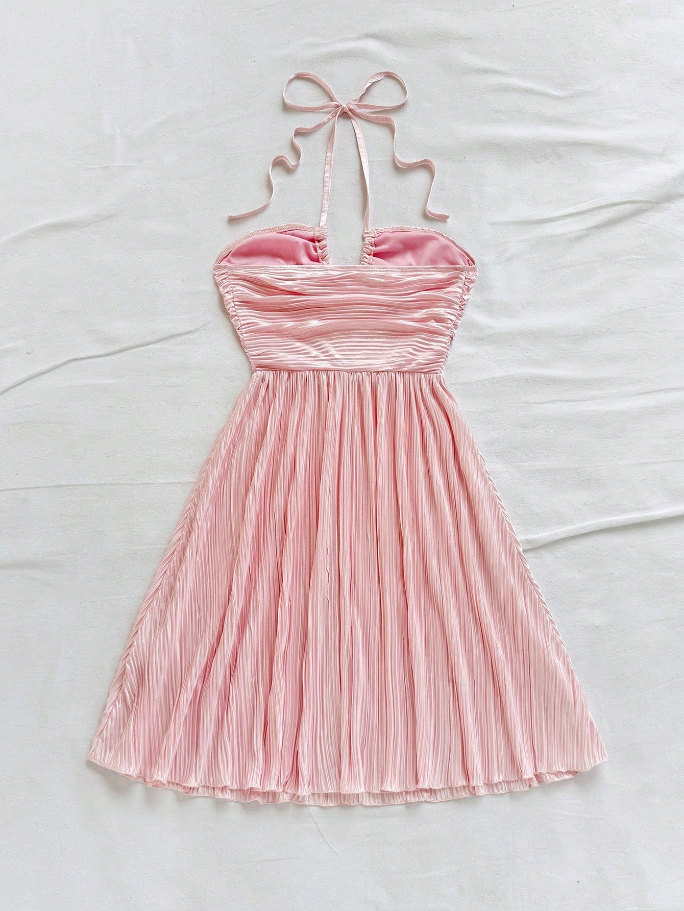 Vestido rosa sólido sin mangas con cuello halter de moda y lindo - Imagen 2