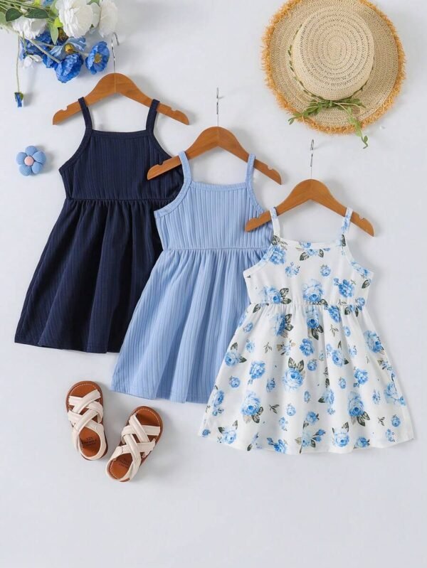 vestidos de bebé niña con estampado floral y unicolor con tirantes - Imagen 2