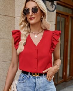 Blusa de mujer con cuello en V y rayas con mangas con volantes