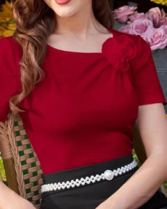 Blusa de punto vintage con bordado floral 3D para mujer