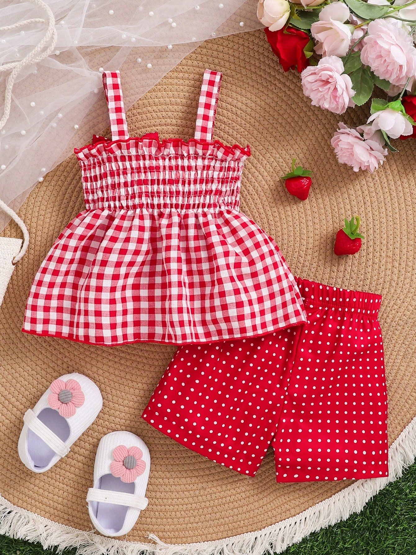 Blusa con bordado de fresa y pantalones cortos con lunares - Imagen 2