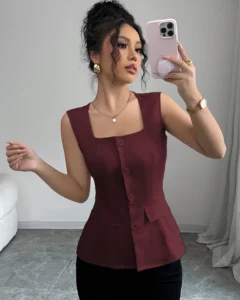 Blusa elegante de estilo francés sin mangas con cuello cuadrado