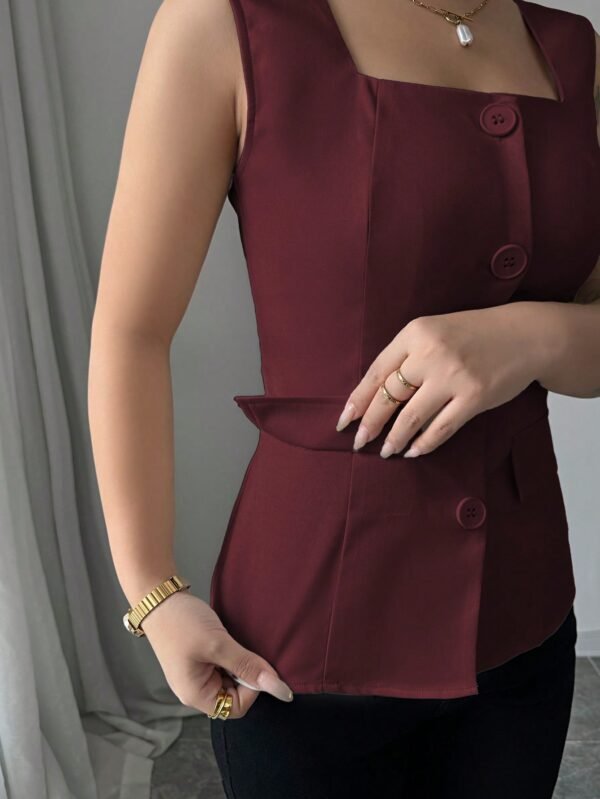 Blusa elegante de estilo francés sin mangas con cuello cuadrado - Imagen 3