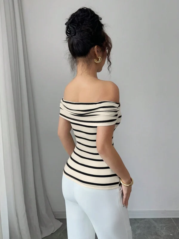 Top de hombros descubiertos a rayas estilo francés vintage - Imagen 2