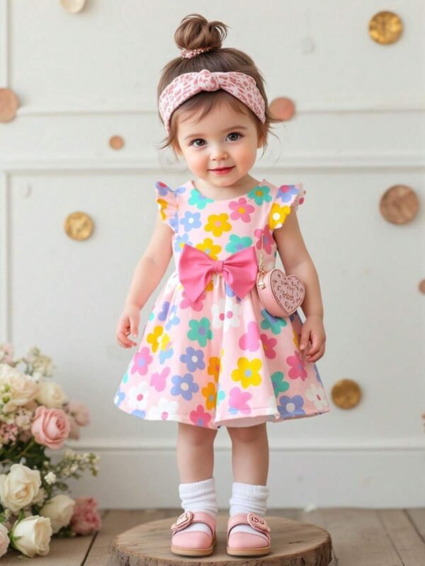 Vestido casual de niña pequeña con manga corta, estampado de lazo