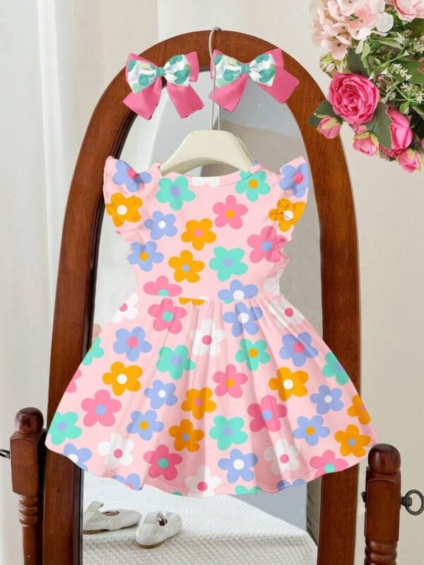 Vestido casual de niña pequeña con manga corta, estampado de lazo - Imagen 2