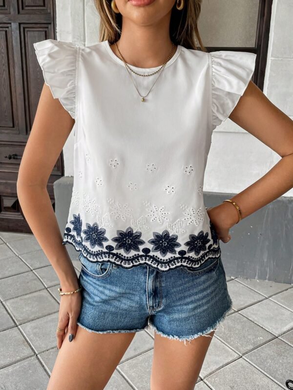 Blusa de mujer con mangas de volantes, diseño calado - Imagen 3