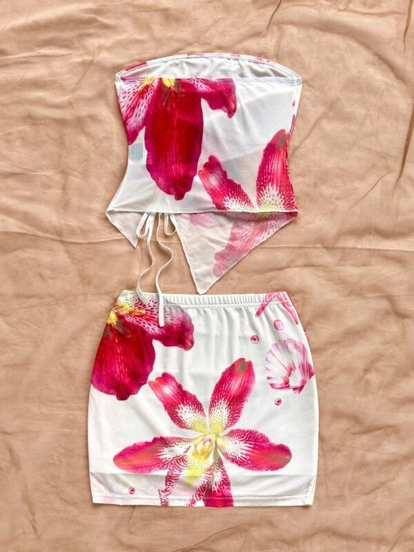 Top de malla tejida con estampado floral con falda corta ajustada - Imagen 2