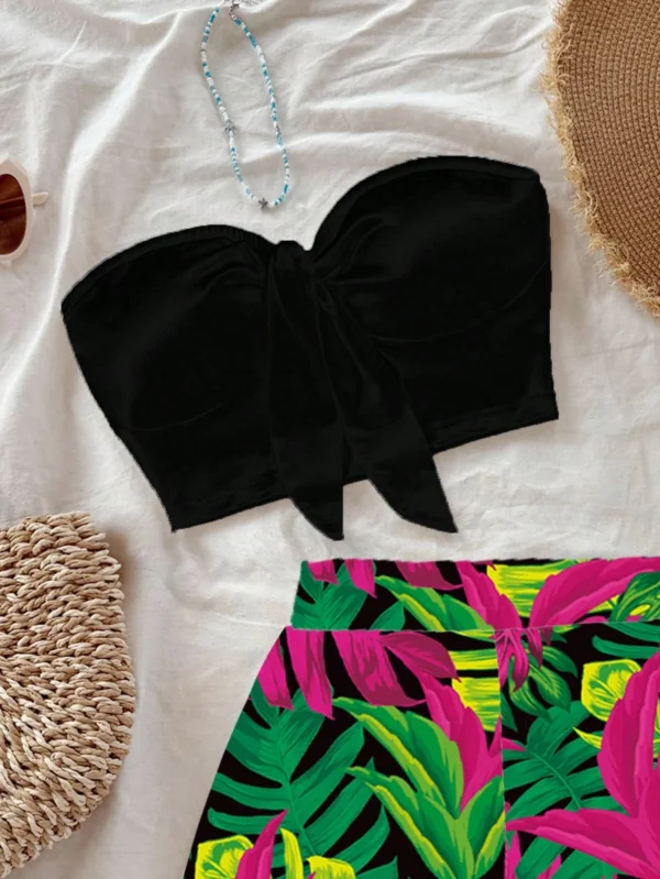 top bandeau informal y pantalones cortos con estampado de hojas - Imagen 3
