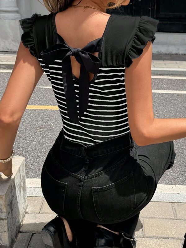 Blusa sin mangas de estilo francés de calle con espalda abierta y rayas - Imagen 2