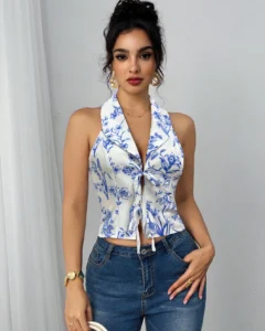 Blusa con acento de corbata y moño, estilo bohemio