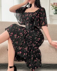 Vestido midi elegante de mujer con cuello de volante de gasa con estampado floral