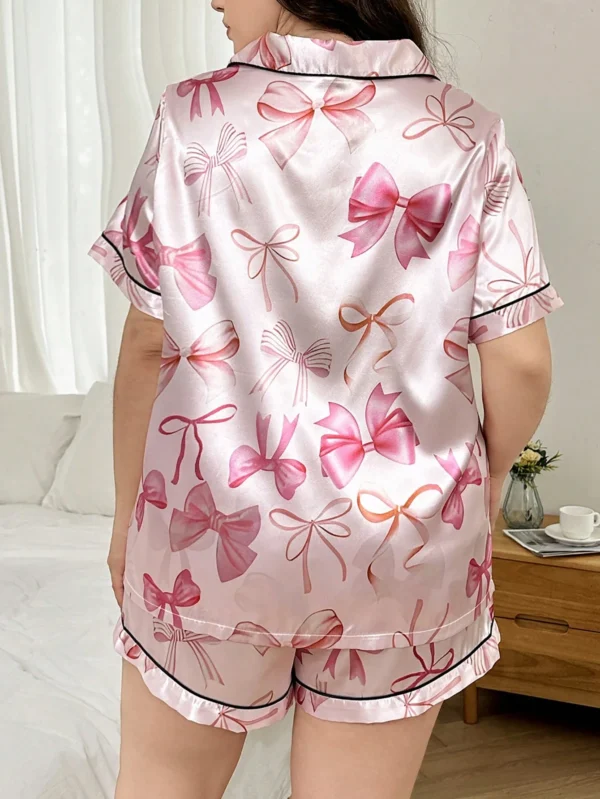Conjunto de pijama de camisa con cuello de solapa y estampado de lazos de satén - Imagen 2
