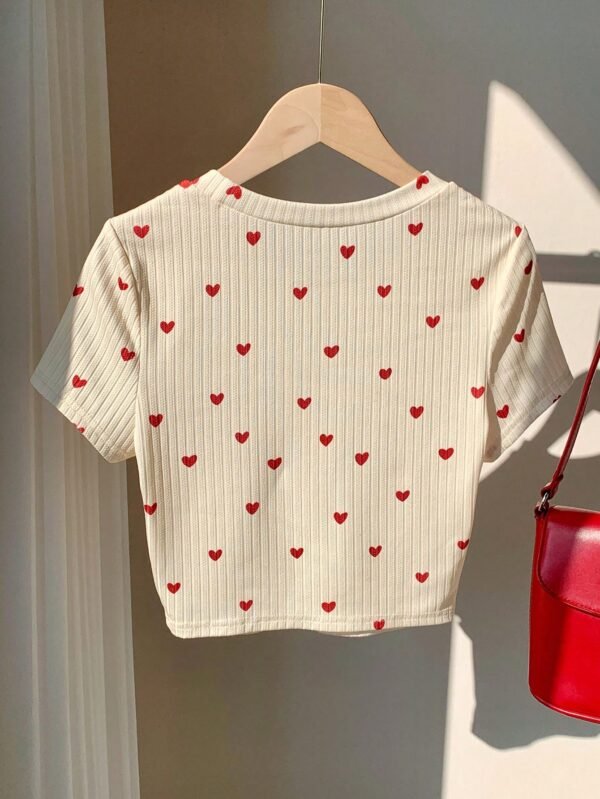 Camiseta de manga corta informal de mujer con estampado de corazón - Imagen 2