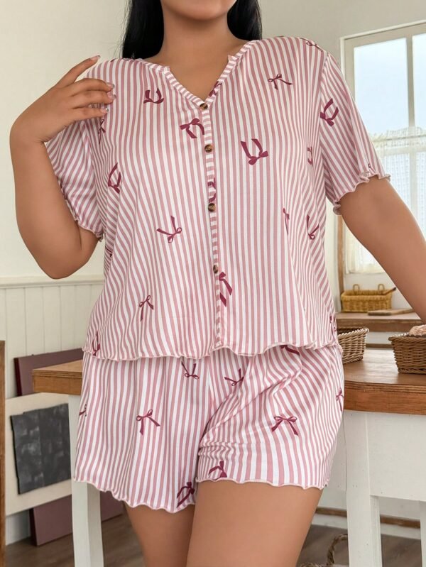 Conjunto de pijama casual con botones, estampado de rayas y moño