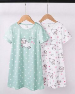 Pijama para niña con estampado de ovejas lindas, color rosa y gris, diseño minimalista