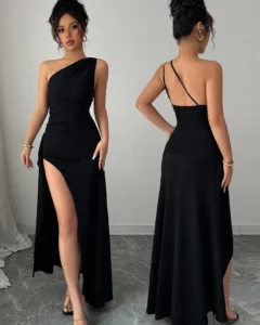 Vestido largo asimétrico color negro con hombro fruncido y espalda descubierta