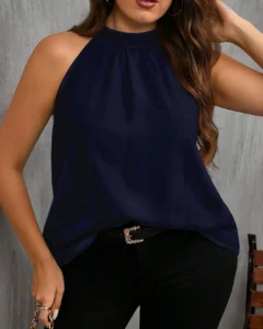 Camisa holgada minimalista de cuello halter azul marino