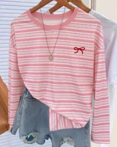 Camiseta de manga larga con cuello redondo, estampado de rayas