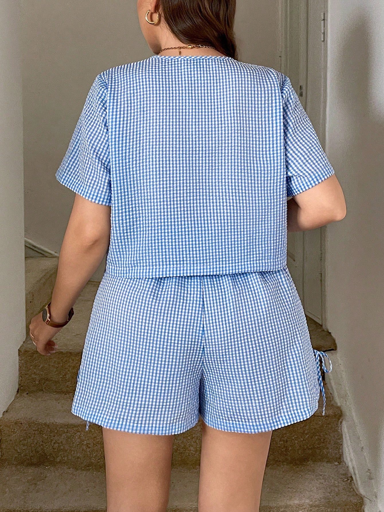 Conjunto de 2 piezas de ropa de mujer con estampado de cuadros - Imagen 2