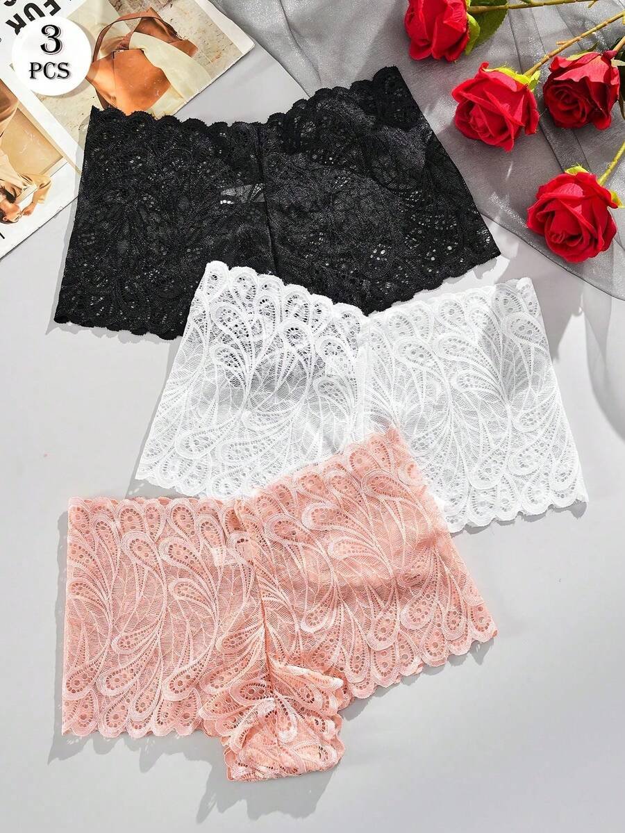 3 piezas de bragas de encaje con estampado de plumas sexy - Imagen 3