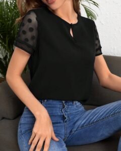 Blusa De Manga Corta De Malla Con Lunares