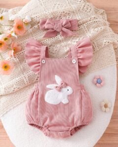 body de bebé con bordado de conejito lindo y decoración de pompones