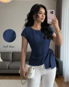 Blusa de mujer de verano de diseño asimétrico con cuello redondo