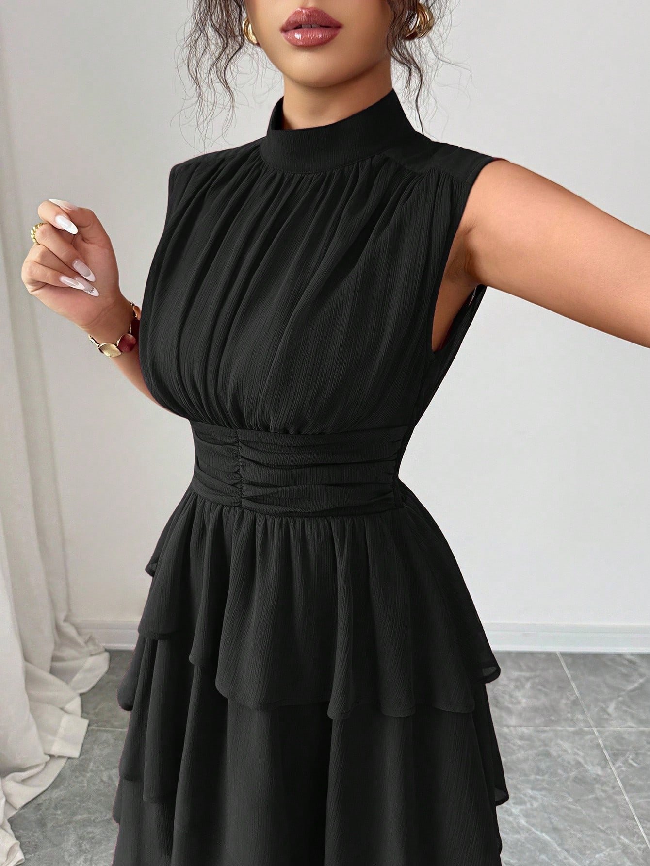 Vestido corto italiano de mujer de gasa con cuello pequeño - Imagen 3