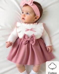 Vestido de niña recién nacida de manga larga blanco con cuello de encaje