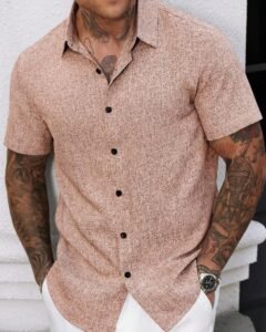 Camisa de lino de rayas de manga corta casual y fresca