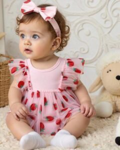 pelele de tutú de red de tulle con fresas y diadema de fresa