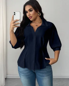 Blusa elegante de talla grande con cuello y cintura fruncida de unicolor