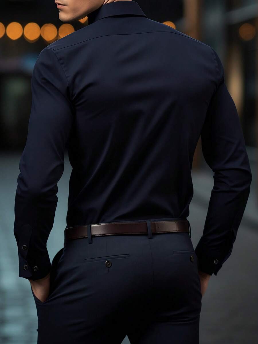 Camisa de manga larga de unicolor con cuello mao - Imagen 2