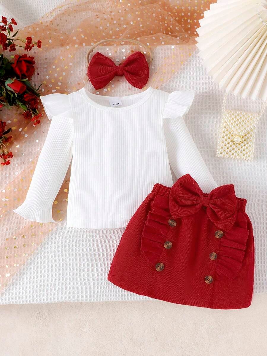 Blusa de manga larga de unicolor, falda con decoración de lazo - Imagen 3