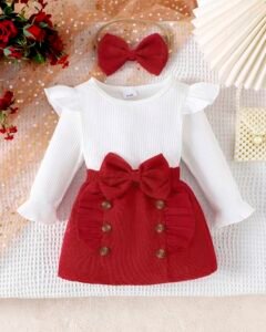 Blusa de manga larga de unicolor, falda con decoración de lazo