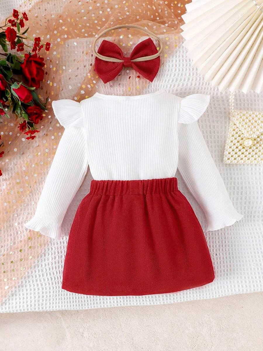 Blusa de manga larga de unicolor, falda con decoración de lazo - Imagen 2