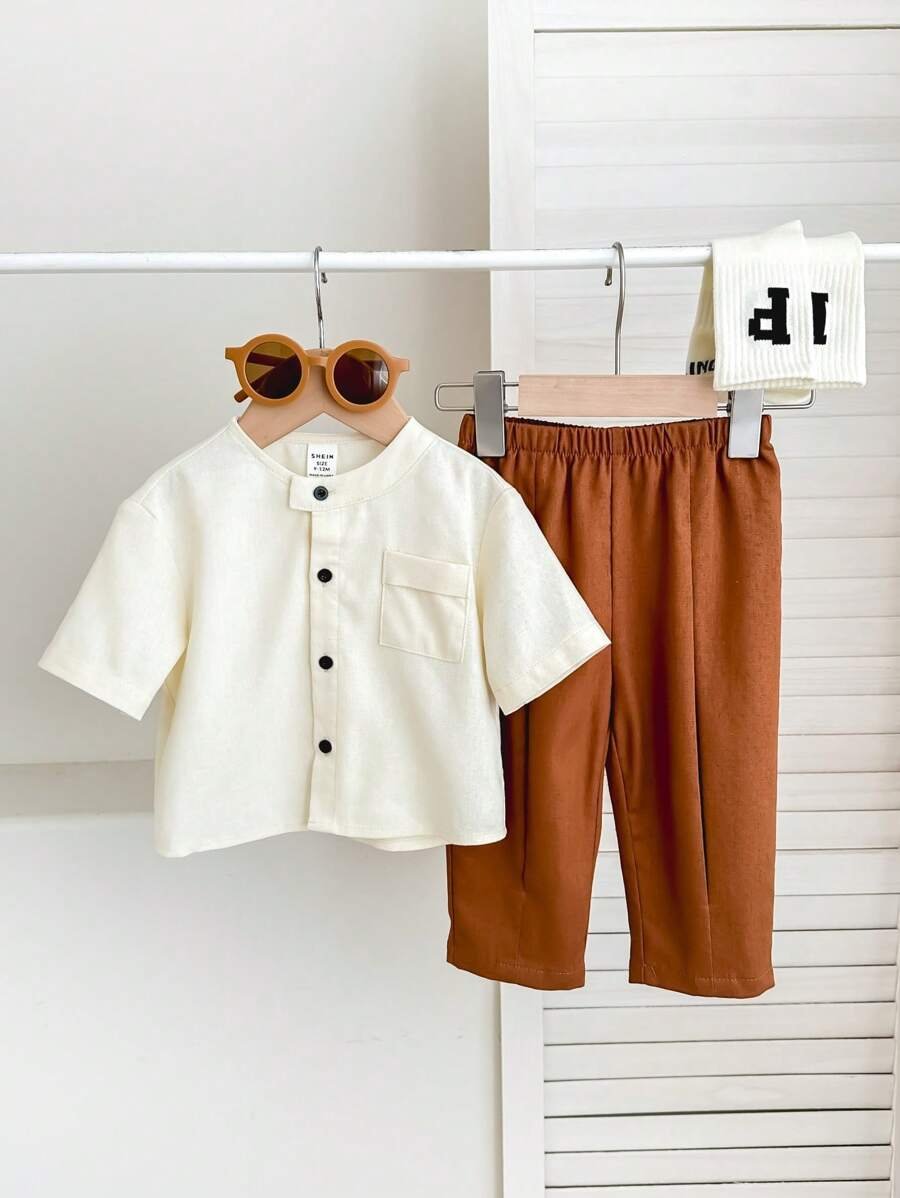 Camisa de manga corta con bolsillo decorado y pantalones de cintura elástico - Imagen 3