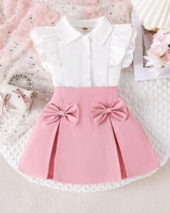 blusa sin mangas con volantes y falda con decoración de lazo