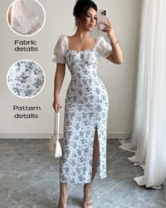 Vestido maxi casual de mujer con estampado, manga corta, cuello en V