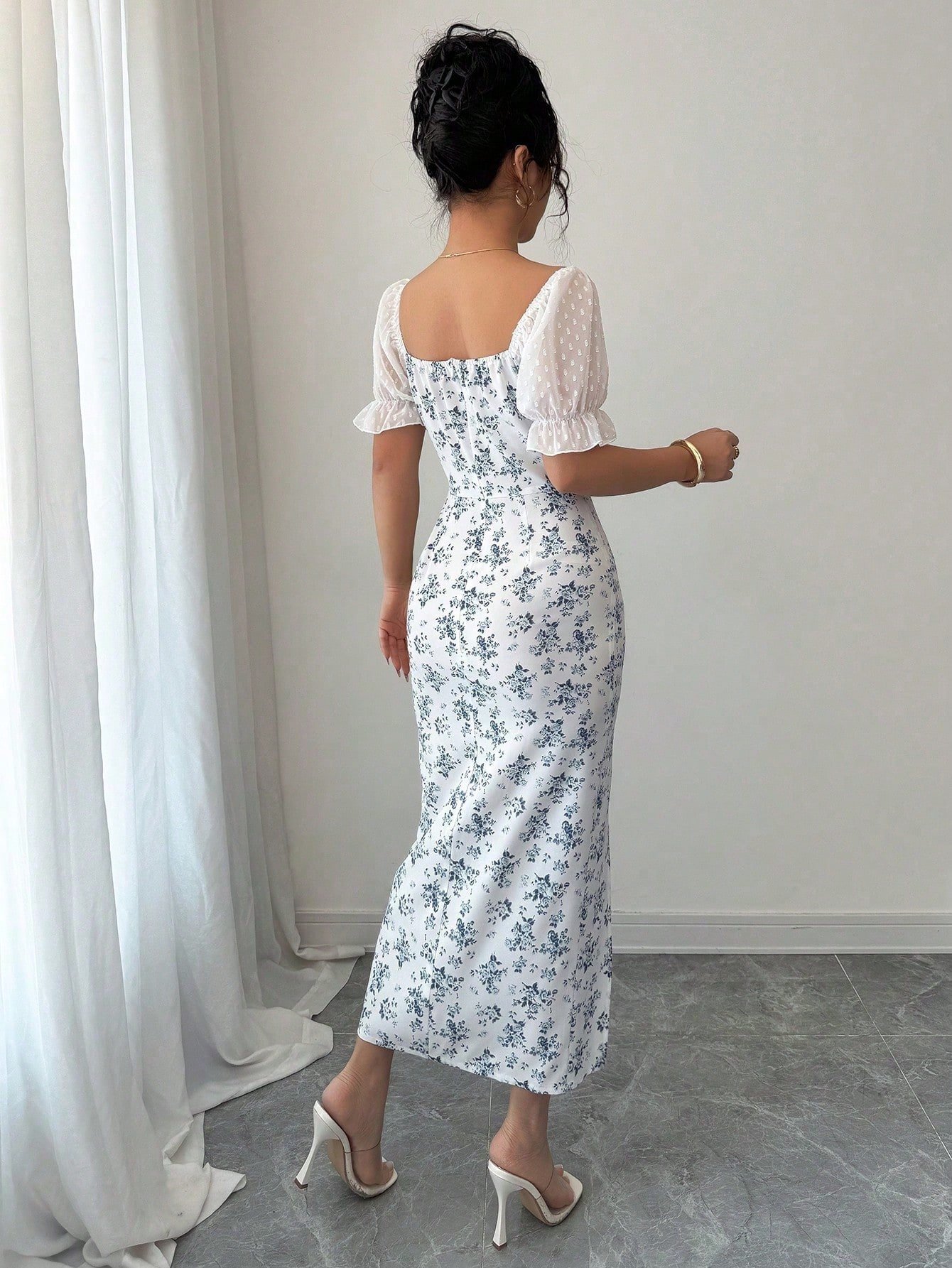 Vestido maxi casual de mujer con estampado, manga corta, cuello en V - Imagen 2