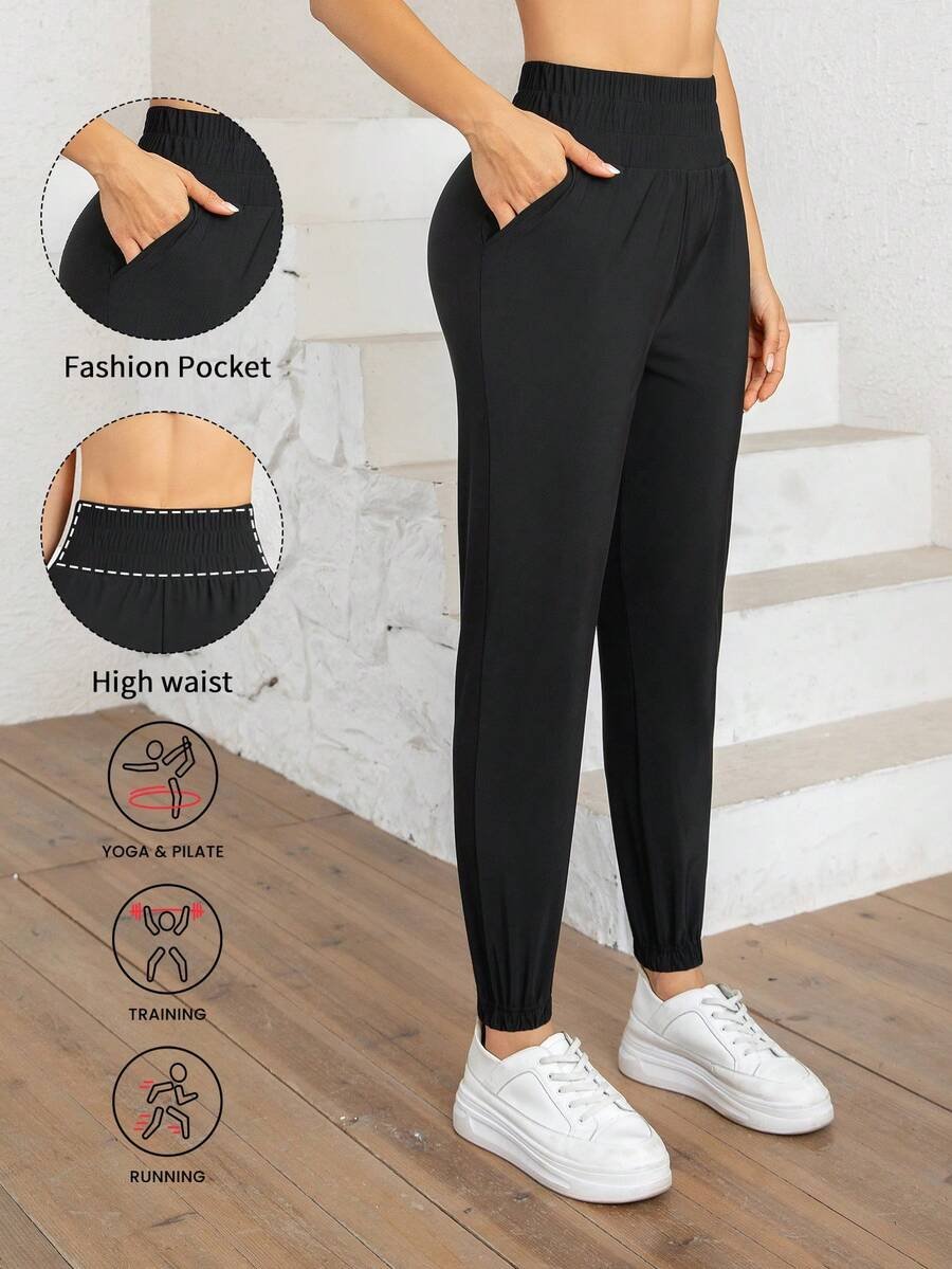 pantalón de chándal atlético de mujer de cintura alta con bolsillos