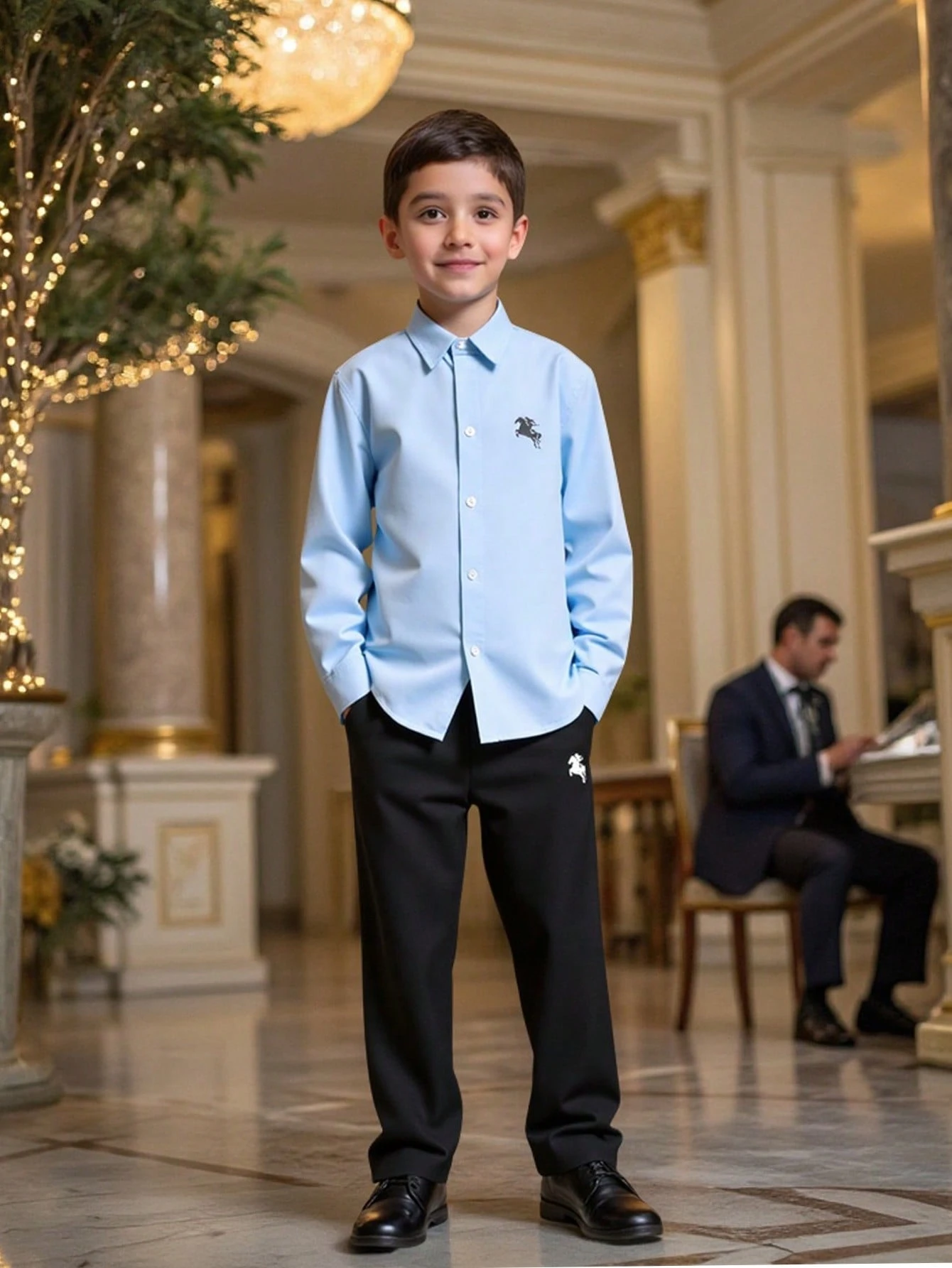 Conjunto informal elegante de camisa azul claro y pantalones para niños